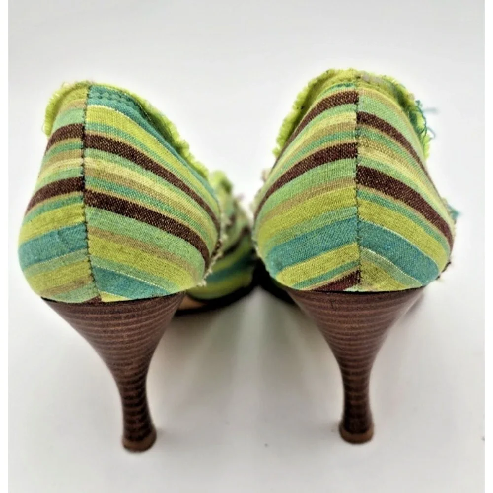 Ginger Goff Peep Toe Heels 7 Women's‎ Green Striped Frayed Wooden 3
